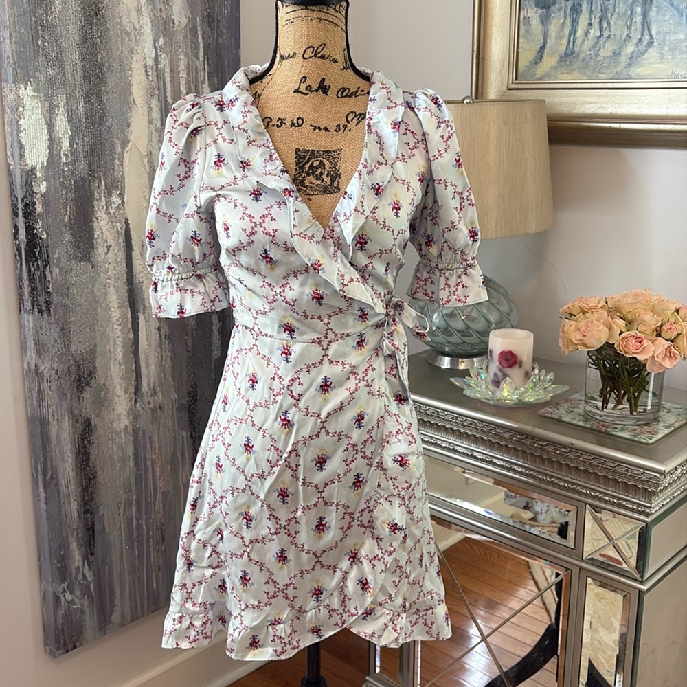 HILL HOUSE HOME Silk floral blue red yellow summer wrap dress designer XS 0 2